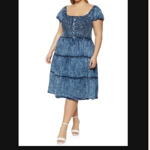 Love By Chesley 3X Tiered Smocked Acid Wash Denim Chambray Dress NWT